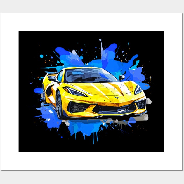 Accelerate Yellow C8 Corvette Racecar Splatter Art Wall Art by Tees 4 Thee